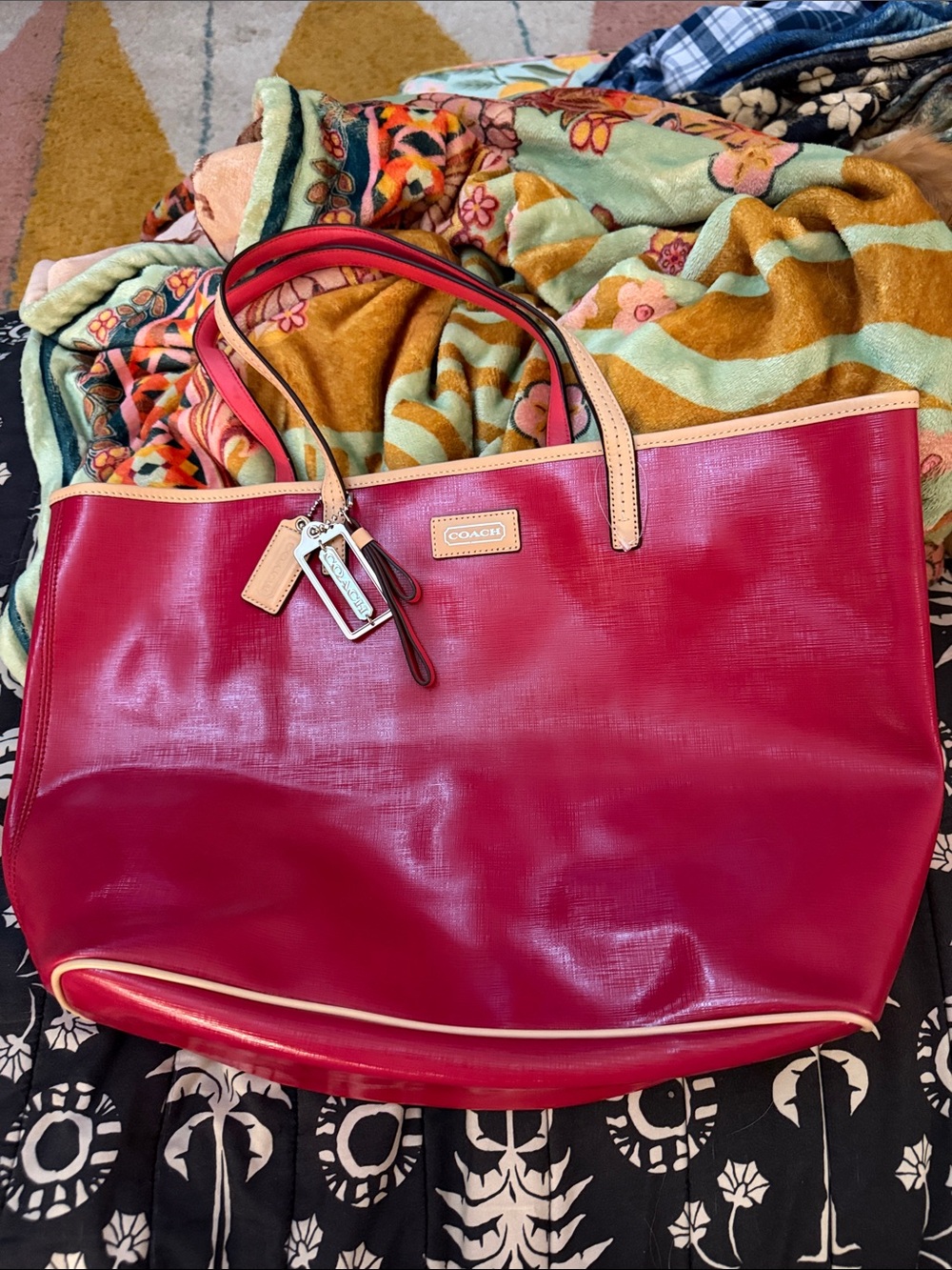 Coach Cherry Pink Tote with Tan Trim